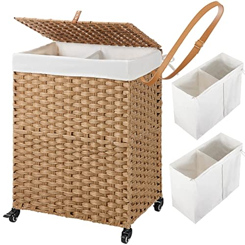 Greenstell Laundry Hamper with Wheels, No Install Needed, 90L Divided Handwoven Hampers & 2 Removable Liner Bags, Synthetic Rattan Clothes Laundry Basket with Lid & Handles, Foldable Hampers Natural