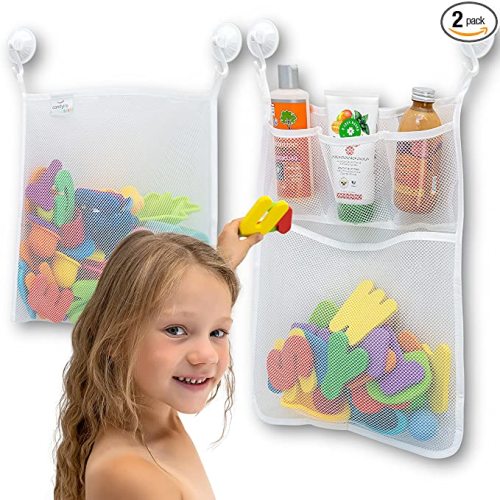 2 x Mesh Bath Toy Organizer + 8 Ultra Strong Hooks – The Perfect Bathtub Toy Holder & Bathroom or Shower Caddy – These Multi-use Net Bags Make Baby Bath Toy Storage Easy – For Kids & Toddlers - White x2