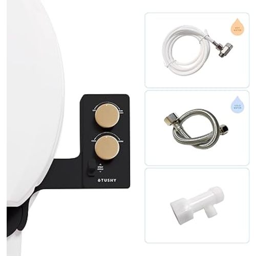 TUSHY 3.0 Spa Cool to Warm Water Bidet Attachment. Easy Universal Toilet Seat Install, Requires Sink Connection for Temperature Control. Fresh Self-Cleaning Clean Water, Noir/Gold