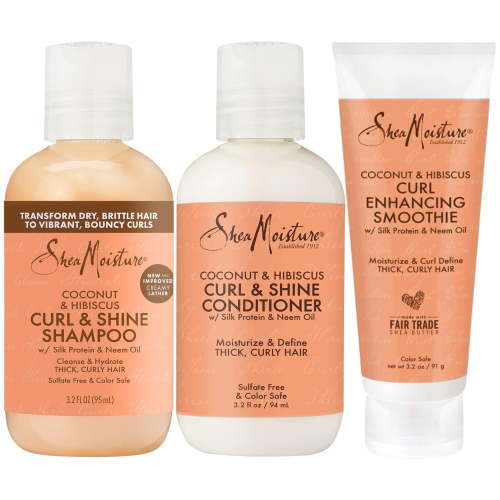 SheaMoisture Curl & Shine Shampoo, Conditioner & Curl Enhancing Smoothie, Travel-Size – Coconut & Hibiscus Curly Hair Products for Shiny Hair & Frizz Control, 3.2 Oz Ea (3 Piece Set)