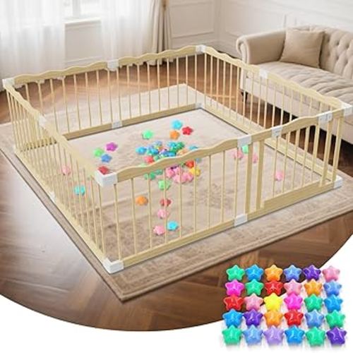 Wooden Baby Playpen - 65"×65" Wave Design Playpen for Babies and Toddlers - 30 Ocean Balls Included Safety-Certified Indoor&Outdoor Wood Fence - Easy to Assemble Play Yard