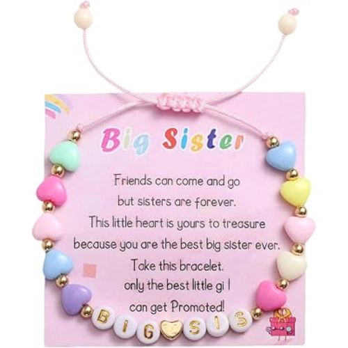 Mikovivi Big Sis Bracelet, Colored Heart Shaped Adjustable Letter Bracelet with Card Stylish Sister Jewelry for Women Birthday Gifts
