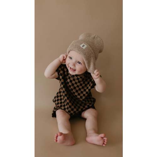 Short Sleeve Ribbed Romper | Black & Brown Checkerboard