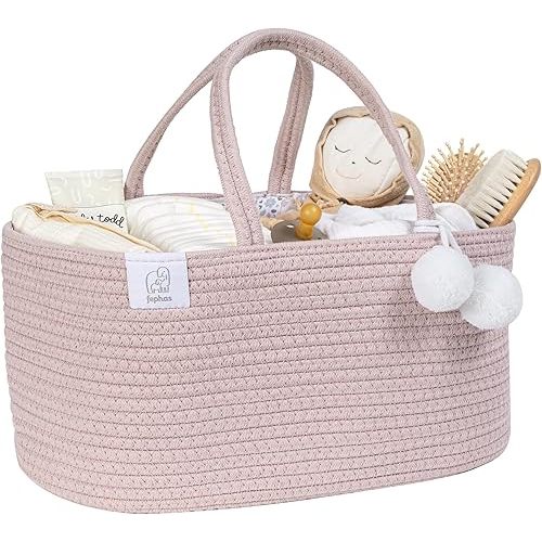 Baby Diaper Caddy Organizer- Rope Nursery Storage Bin- Portable Diaper Storage Basket for Changing Table and Car- Perfect Baby Shower & Registry Gift (Vintage Rose)