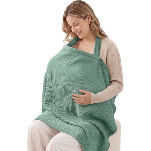 Blissful Diary Muslin Nursing Cover for Breastfeeding, Breathable Breastfeeding Cover up with Arch Neckline for Women, Nursing Apron (Roman Green)