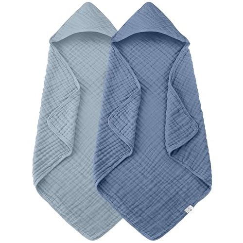 Spotted Play 2 Pack Hooded Baby Towels - 100% Muslin Cotton for Newborns, Infants, Toddlers - Large 32x32 Inch Size - Highly Absorbent and Essential for Newborn Care, Light Navy