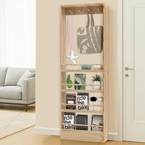 MIYOLU Behind Door Bookshelf, Wooden Wall Mount Shelf with Hooks, Space-Saving Storage for Kids & Adults, Perfect for Books, Toys, and More (Natural Wood Color) (23.6" Wide)