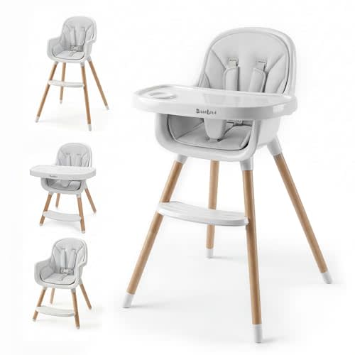 Baby High Chair, Wooden Highchair with Removable Tray, Adjustable Legs, Cushion, 5-Point Harness and Footrest for Infants, Baby, Toddlers, Gray