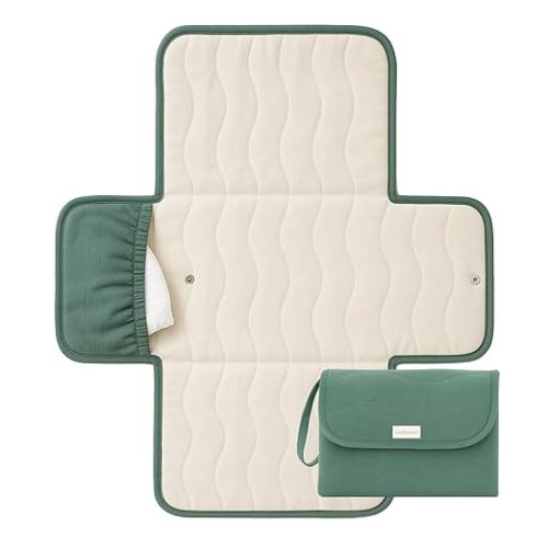 Toddlekind Mini Maven Portable Changing Pad – Organic Cotton & Water-Resistant Polyester – Travel-Friendly, Foldable Change Mat – Forest Green Stripes with Wave Stitching – Chic, Durable, Easy Clean