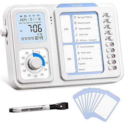 3-in-1 Visual Timer & ADHD Tool for Kids|Adults, Task Timer with Chore Chart Board, Visual Schedule for Kids with Autism, Daily Checklist for Home, School, Classroom, Desk