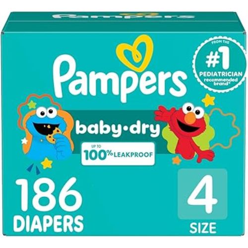 Pampers Diapers - Baby Dry - Size 4, 186 Count, Absorbent Disposable Infant Diaper (Packaging May Vary)