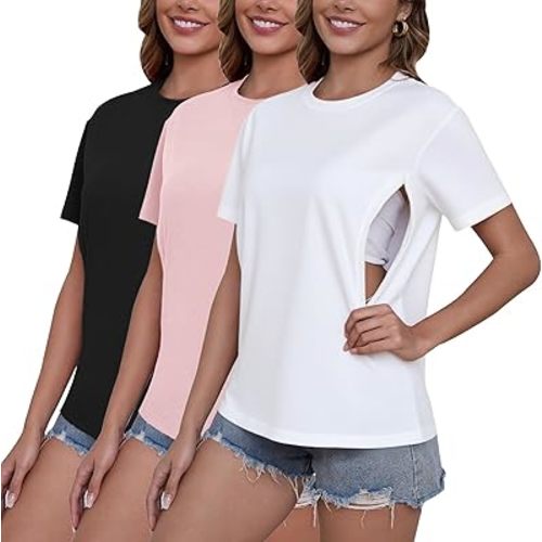 Ecavus Women's 3-Pack Nursing Shirts for Breastfeeding with Hidden Zippers Loose Fit Maternity Tops