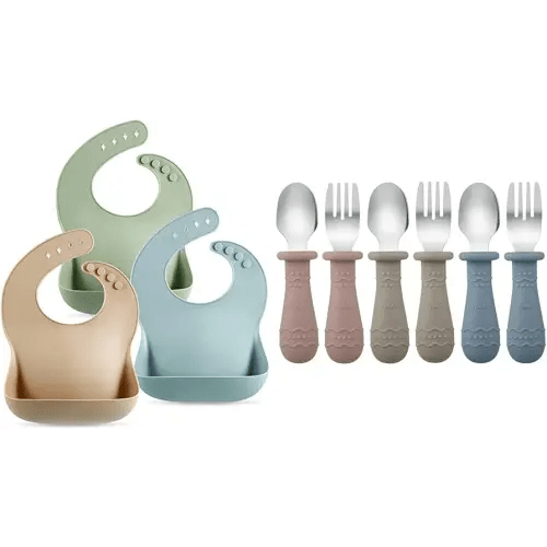PandaEar Baby Bibs & Toddler Utensils (Blue/Brown/Red)