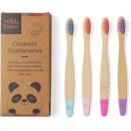 Wild & Stone Organic Children's Bamboo Toothbrush | 4 Pack Candy Colour | Soft Fibre Bristles | 100% Biodegradable Handle | BPA Free | Vegan Eco Friendly Kids Toothbrushes