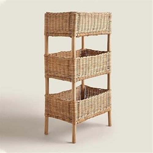Rattan Shelving Unit 3 Tiers Standing Wooden Caddy, Hand Woven Floor Rattan Portable Laundry Bin Basket Applicable for Living Room, Bedroom, Kitchen(Color:Natural), 30*20*60cm