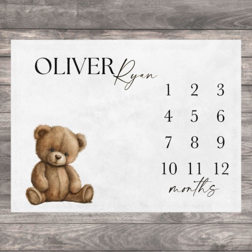 Teddy Bear Baby Milestone Blanket Boy, First Year Calendar Monthly Growth mat, Personalized Name Month Blanket Girl Neutral Baby Shower Gift