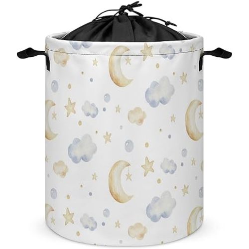 Baby Laundry Hamper Cartoon Cute Kids Nursery Laundry Basket Drawstring Round Collapsible Toys Clothes Storage Organizer Moon and Stars Decor Baby Hamper for Boys Girls Bedroom