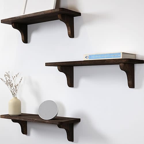 Real Wood Wall Mounted Rustic Wood Shelves - 17 inch (3 Pack) - Easy to Install, Template and Video Included - Wide Shelves for Wall, Brown Shelves for Wall, Shelving for Wall