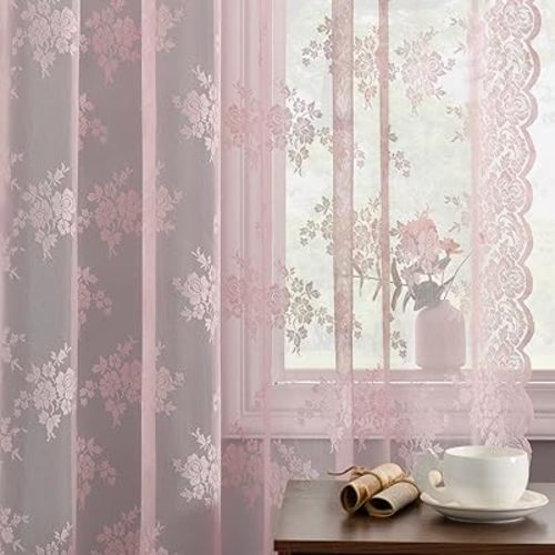 Kotile Pink Sheer Curtains for Girls Bedroom - Vintage Floral Patterned Sheer Lace Curtains 84 Inch Length, Privacy Rod Pocket Scalloped Pink Lace Curtains for Windows, 52 x 84 Inch, 2 Panels