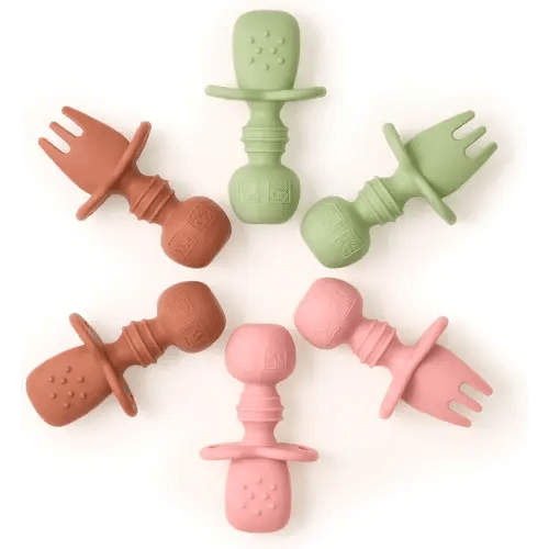 Baby Utensil Set (6 pcs) - Self Feeding Spoons - Silicone & BPA Free - Baby Led Weaning (BLW) Supplies - Ages 6+ Months - Sage, Rose, Terra Cotta