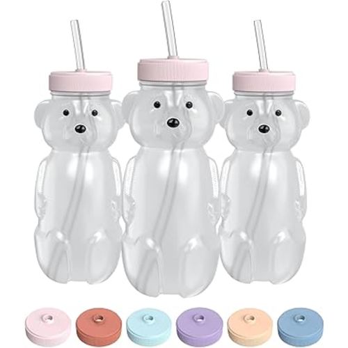 Honey Bear Straw Cup for Babies, 8-oz Honey Bear Cup with Lid, 3-Pack Therapy Learning Honeybear Straw Cup, Baby Honey Bear Bottle Set, Cherry Blossom PINK