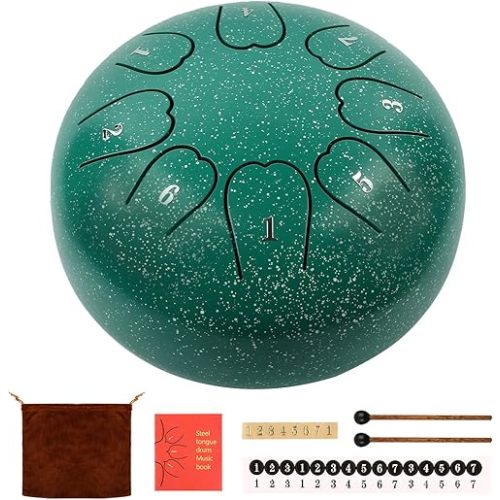 Rain Drum For Outside, Steel Tongue Drum 6 Inch 8 Notes, Tongue Drum with Mallets for Musical Education Entertainment Gifts (Green)