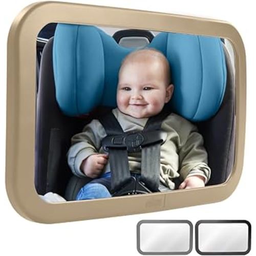 Gorilla Grip Wide View Baby Car Mirror, 360° Rear Facing Seat Rotation Shatterproof Mirrors, Crystal Clear, Child and Infant Backseat Safety, Secure Straps Stay in Place, Travel Gear for Babies, Beige