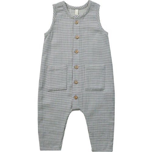 Baby Gingham Organic Cotton Knit Romper, Blue Gingham