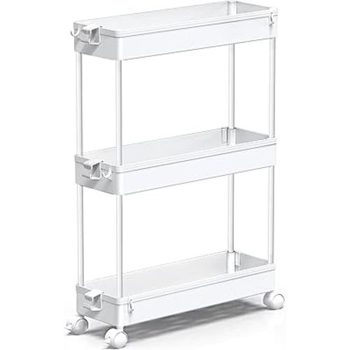 SPACEKEEPER Slim Rolling Storage Cart, Laundry Room Organization, 3 Tier Mobile Shelving Unit Bathroom Organizer Utility Cart for Kitchen, Narrow Places(White)