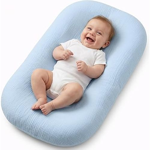 Infant Support Mat, Muslin Cotton Cover, Supportive Tummy Time Mat for Supervised Awake Use, Lightweight Portable Baby Activity Mat (0-24 Months), Blue