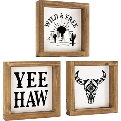 Western Wall Decor Southwestern Art Bathroom Shelf Table Yeehaw Cowboy Cow Skull White Wood Signs Boho Rustic Home Decoration