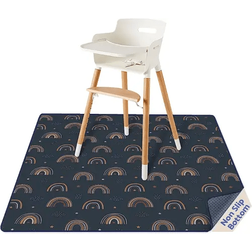 Blissful Diary Baby Splat Mat for Under High Chair, 50.4 x 50.4 Inch Wipeable Splash Mat, Waterproof and Washable, Anti-Slip Floor Protector, Retro Rainbow