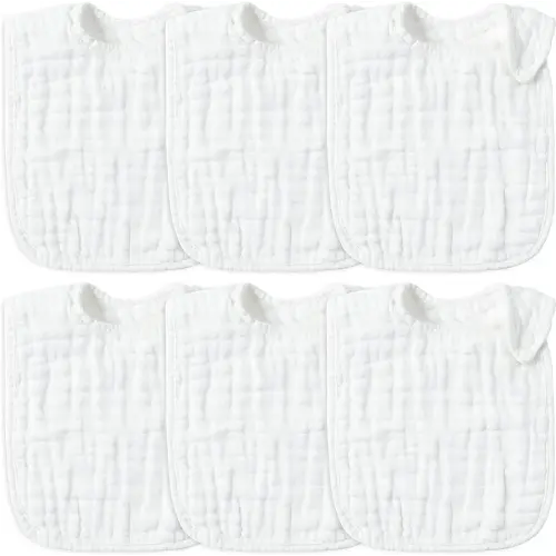 Zainpe 6Pcs Snap Muslin Cotton Baby Bibs White Feeding Bib with 6 Absorbent & Soft Layers Adjustable Drool Bibs Machine Washable Unisex Burp Cloths for 3 to 36 Months Boys Girls Infant Newborn Toddler