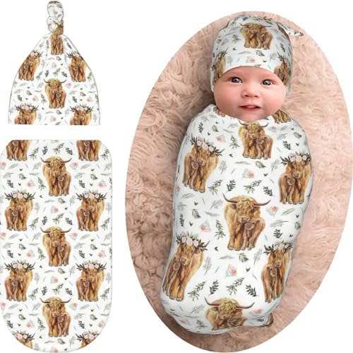Highland Cow Baby Stuff Newborn Swaddle Blanket Beanie Hat Set, Soft and Stretchy Highland Cow Baby Blanket Swaddle Sack for Boy and Girl Gift
