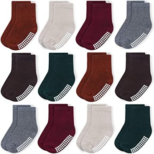 JAKIDAR 12 Pack Baby Socks Cotton Crew Toddler Socks Grips Non Slip Bottom Kids Socks