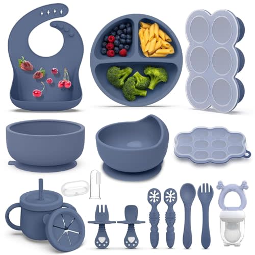 16 Pack Silicone Baby Feeding Set, BPA-Free Baby LED Weaning Supplies, Include Suction Plates, Baby Bowls, Silicone Fork & Spoon, and More, First Stage Baby Food Eating Utensils - 6+ Months(Blue, 16)
