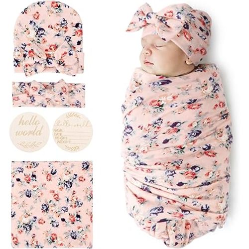 BQUBO Baby Girl Newborn Receiving Blanket with Bow Hat Headband Wooden Birth Announcement Card Set Baby Floral Print Nursery Swaddle Wrap