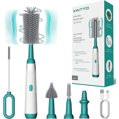 KINTTO Electric Bottle Brush Cleaner with Rechargeable, Cleaning for Baby/Water/Wine/Thermos Bottles, Waterproof 2 Nipple and Straw Silicone Brush 1500mAh