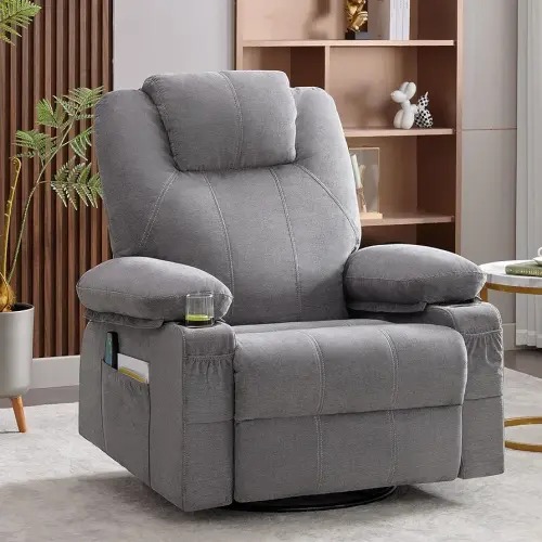 Swivel Rocker Recliner Chair with Heat and Massage, 360 Degree Swivel Rocking Single Sofa with Cup Holder and USB Port, Big Oversized Recliner Chair for Living Room (Fabric, Grey)
