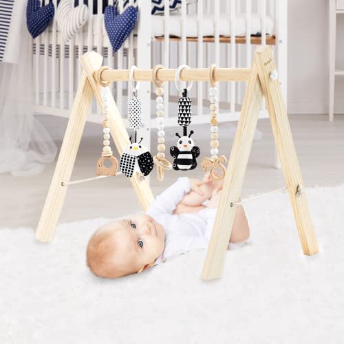BABY K Wooden Baby Play Gym (with 5 Toys) - Foldable Wooden Baby Play Gym with Wooden and Monochrome Hanging Toys - Natural Wooden Surface - Baby Tummy Time Play Gym - Activity Gym for Newborn