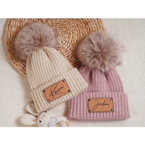 Personalize Baby Pom Beanie With Name,Leather Patch Beanie With Pom For Baby Personalized,Knitted Beanies For Baby,Custom Newborn Hat Gifts