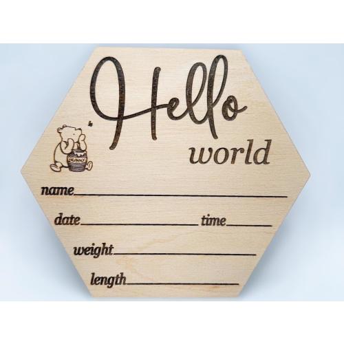 Hello World Wood Birth Announcement Welcome Sign Winnie the Pooh Baby Nursery Decor Custom Newborn Baby Shower Gift Piglet Tiger Eeyore