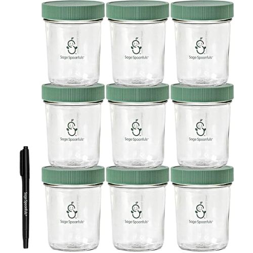 Sage Spoonfuls Baby Food Storage Jars w/Lids (8 oz, 9 Pack) - Reusable Glass Baby Food Jars - Puree, Snack, or Breast Milk Storage Containers - Baby Essentials Must Have - Freezer & Microwave Safe