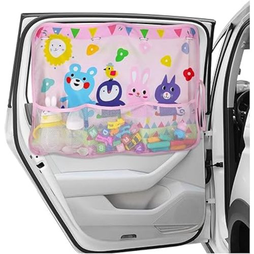 Car Window Shade for Baby, Blackout Car Window Curtain with Storage Pockets & 7 Suction Cups, Cartoon Pattern Cars Side Window Sun Shade Cover for Sun/Heat/UV Rays Protection (Pink-Animals)