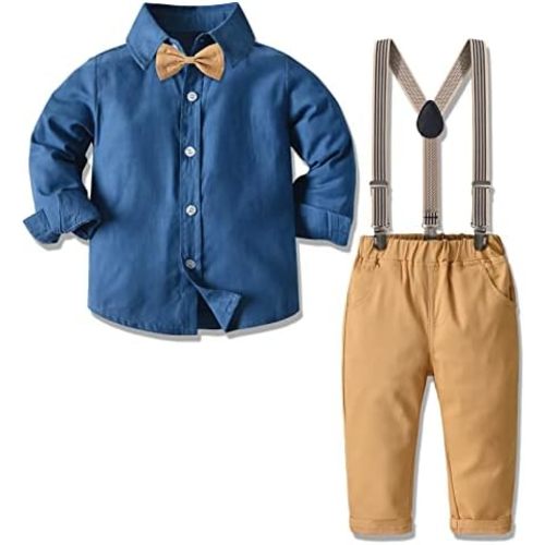 Nwada Toddler Suit Baby Boy Clothes with Dress Shirt, Suspender Pants and Bow Tie, Wedding Outfit 12 Months 7 Years