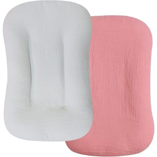 Hooyax Muslin Baby Lounger Cover 2 Pack, Organic Cotton Removable Slipcover for Newborn,Baby Padded Lounger Infant Floor Seat Cover for Boys Girls (Gray Flesh Pink)
