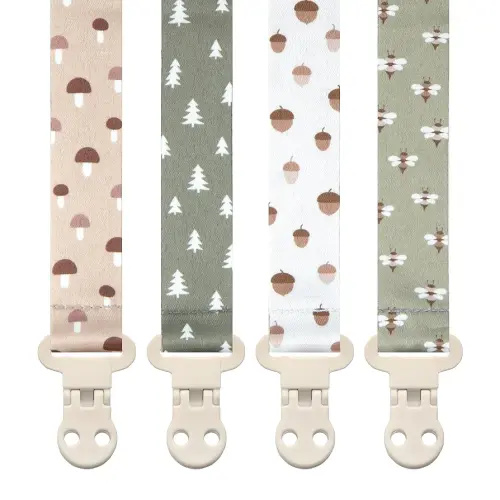 Baby Pacifier Clip Holder - Girl or Boy Unisex 4 Pack Gift Set – Woodland Mushrooms Bees Neutral Green Beige (Forest)