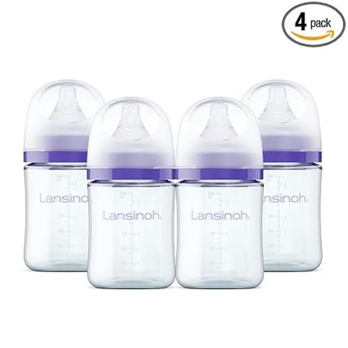 Lansinoh Glass Baby Bottles, Anti-Colic, 5 Ounces, 4 Count Bottles for Feeding, Baby Essentials, Includes 4 Slow Flow Nipples, Size S
