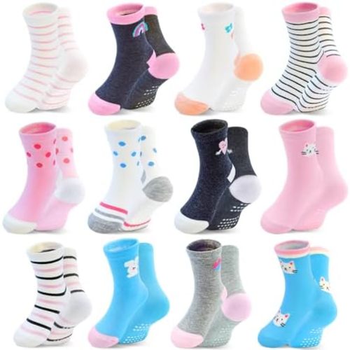HYCLES Toddler Girl Socks, Non-Slip Cartoon Crew Socks with Grips for 6-12 Month Baby 1-7 Years Kids