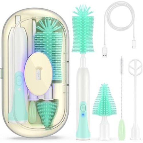 Electric Bottle Brush Cleaner,2 Mode & 360° Rotation Electric Baby Bottle Brush, Baby Bottle Brush Travel Set,Silicone Bottle/Straw/Pacifier Brush(Green)